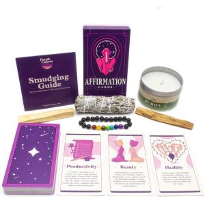 imagePositive Intentions Gift Set for Women and Men Stress Relief Gift Set with Positive Affirmations Cards California White Sage Palo Santo Candle and Chakra BraceletMeditation Kit
